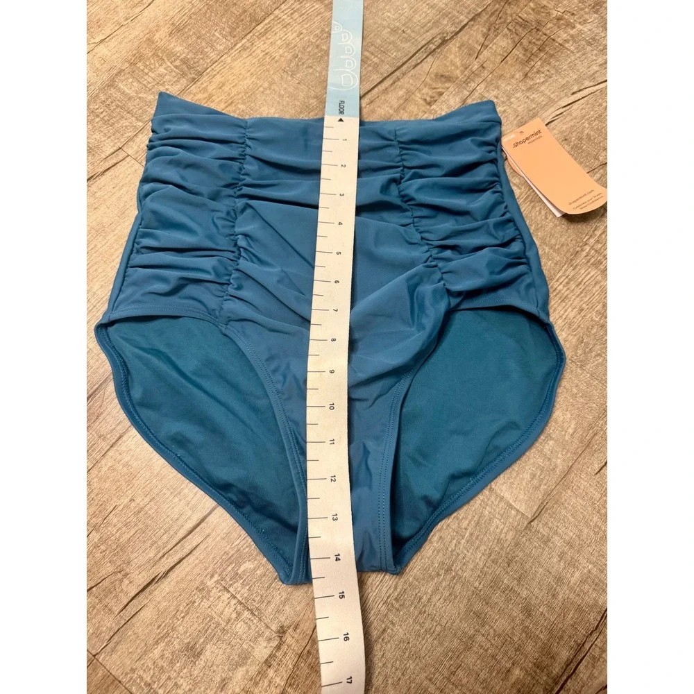 Shapermint Essentials High Waisted Control Bikini Bottom Teal Blue Ruched Medium